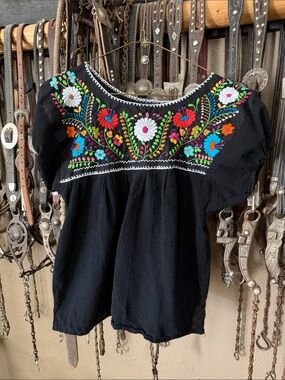 Black Embroidered Peasant Top with Multicolor Floral Detail